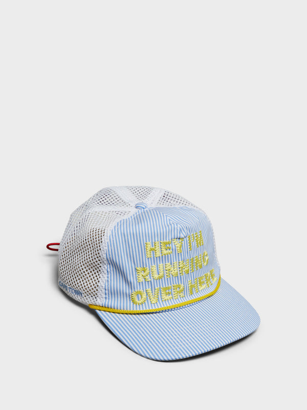 Stoy Hey I'm Running Over Here Trucker Cap In Blue Stripes
