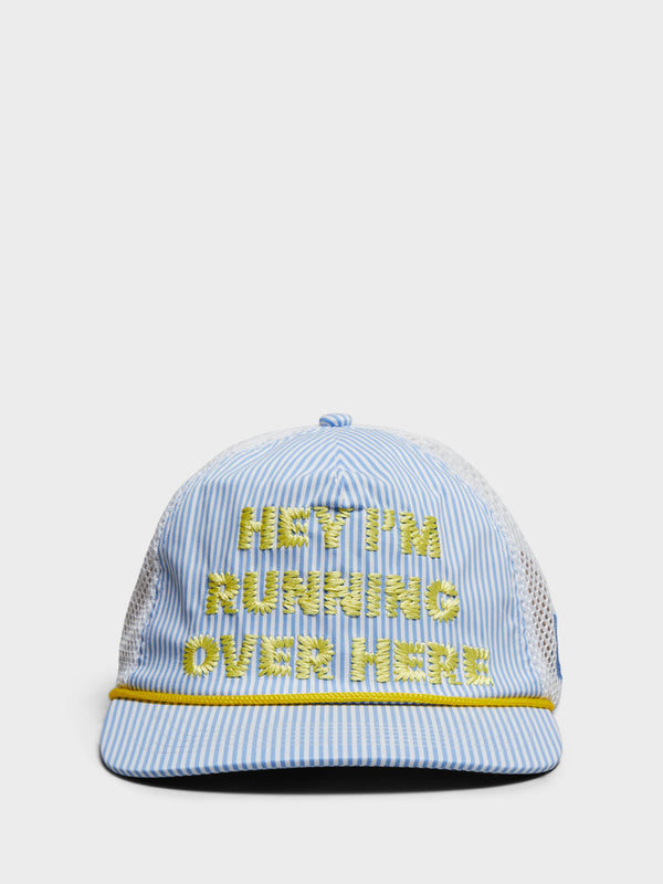 stoy Hey I'm Running Over Here Trucker Cap in Blue Stripes