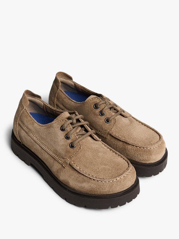 Stoy Highwood Moc Lace Low Suede Leather Shoes In Gray Taupe