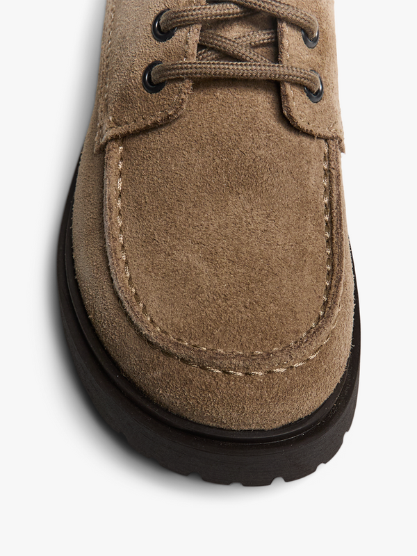 Stoy Highwood Moc Lace Low Suede Leather Shoes In Gray Taupe