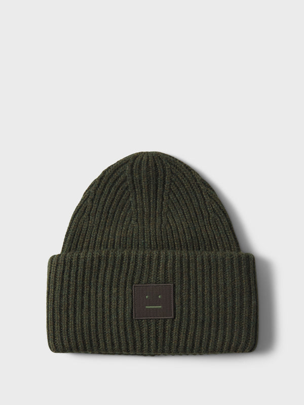 stoy Large Pansy Face Logo Beanie in Dark Khaki Melange