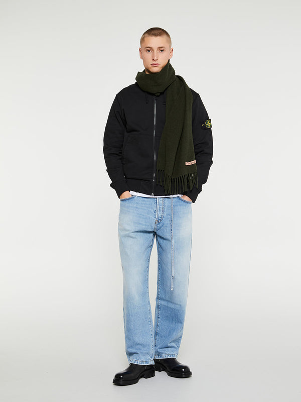 Stoy Narrow Fringe Wool Scarf In Wood Green Melange