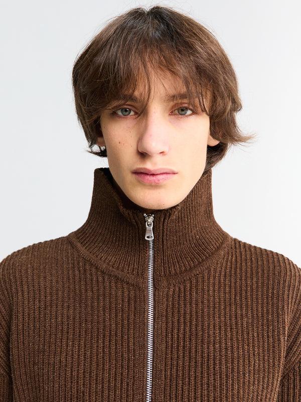 Stoy Navy Full Zip Pockets Knitwear In Natural Brown