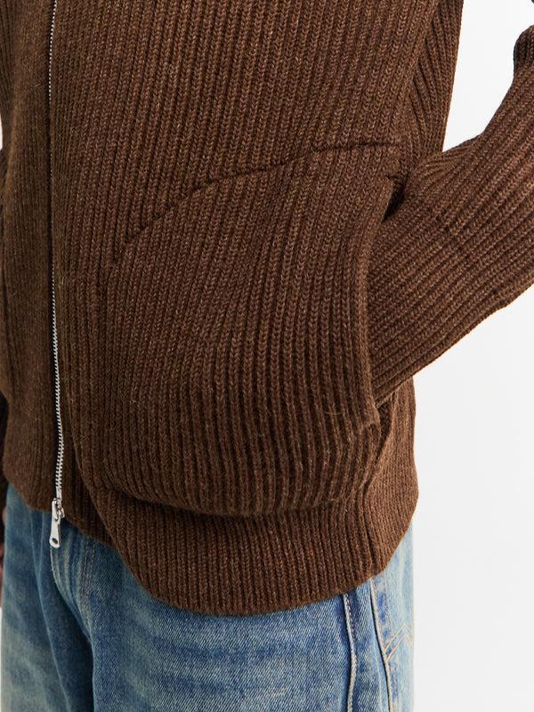 Stoy Navy Full Zip Pockets Knitwear In Natural Brown