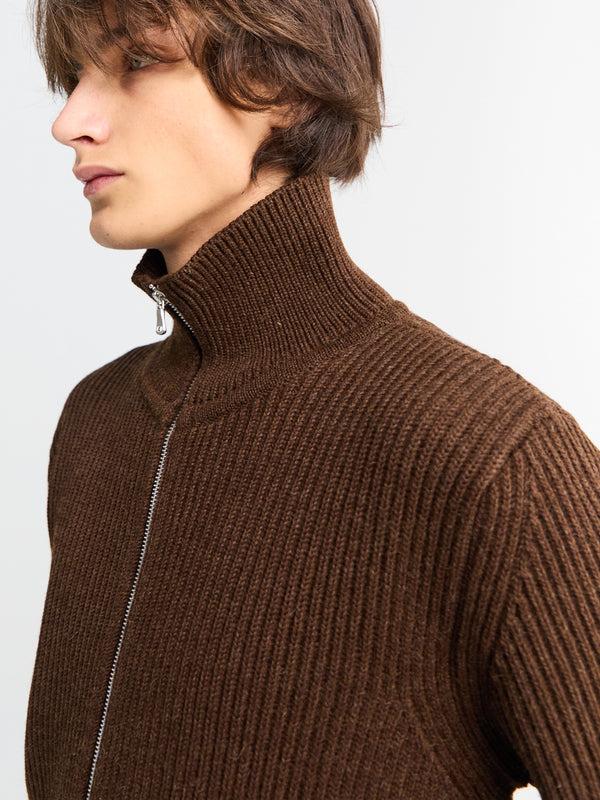 Stoy Navy Full Zip Pockets Knitwear In Natural Brown