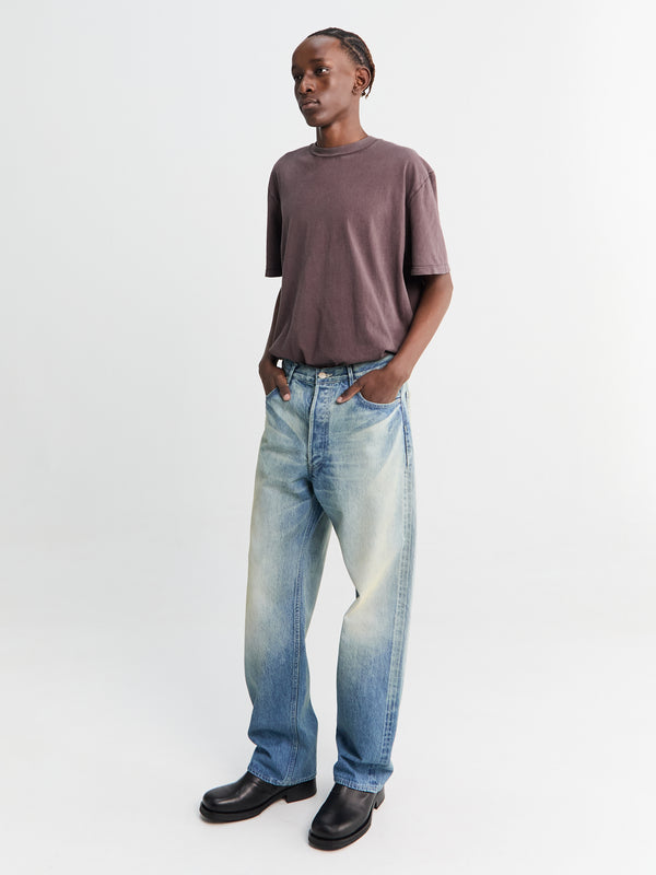 Stoy Selvedge Faded Heavy Denim Wide Pants In Faded Indigo