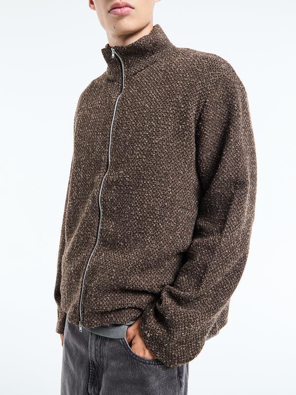 Stoy Shrunken Fullzip Polo In Brown Sparse Buckle Weave