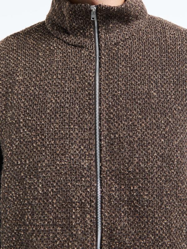 Stoy Shrunken Fullzip Polo In Brown Sparse Buckle Weave