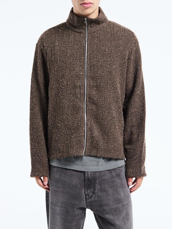 stoy Shrunken Fullzip Polo in Brown Sparse Buckle Weave