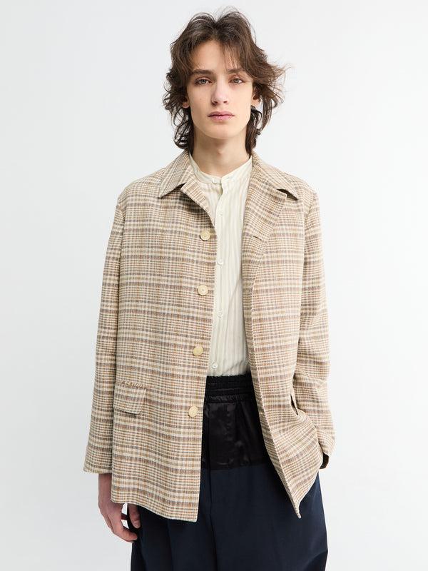 Stoy Silk Linen Nep Check Jacket In Ivory Beige Check