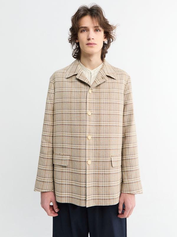 stoy Silk Linen Nep Check Jacket in Ivory Beige Check