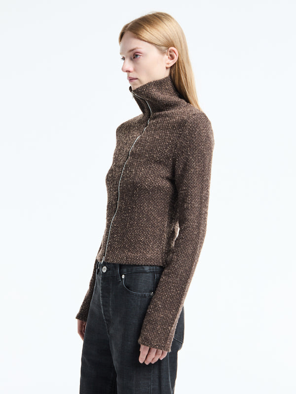 Stoy Slim Zip Longsleeve In Brown Sparse Buckle Weave