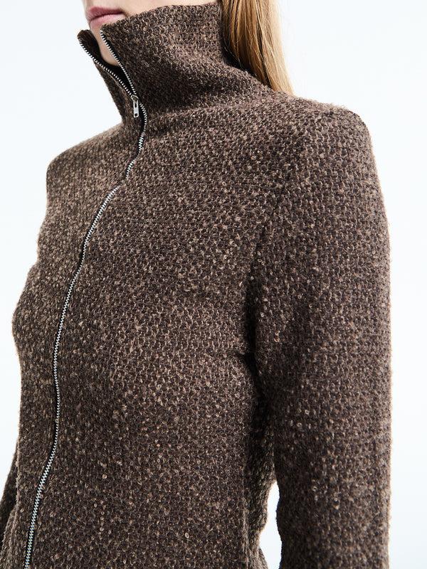 Stoy Slim Zip Longsleeve In Brown Sparse Buckle Weave