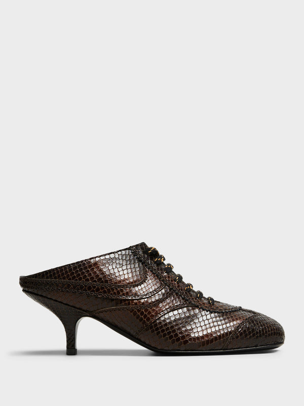 stoy Snake-Embossed Leather Retro Heels in Dark Brown