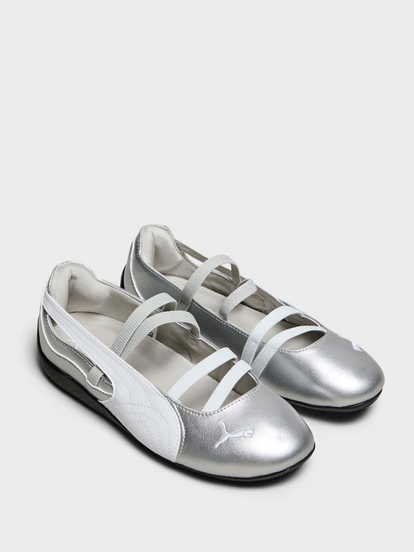 Stoy Speedcat Ballet Shoes In Metallic Silver And White
