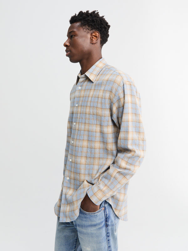 Stoy Airy Wool Check Shirt In Light Blue And Beige