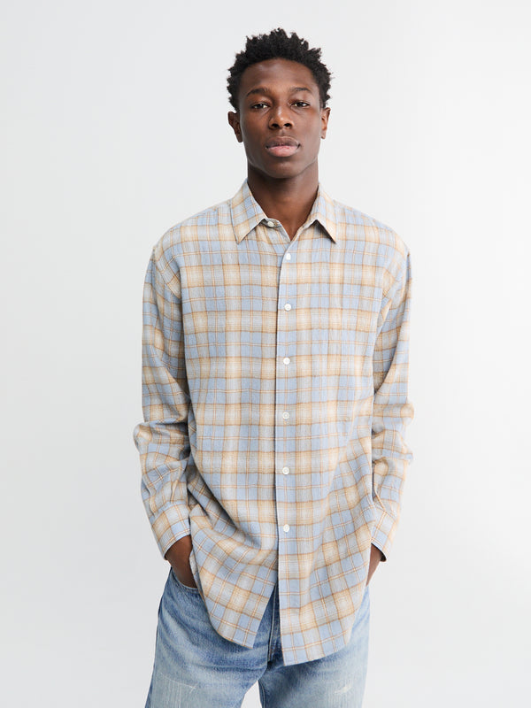 Stoy Airy Wool Check Shirt In Light Blue And Beige