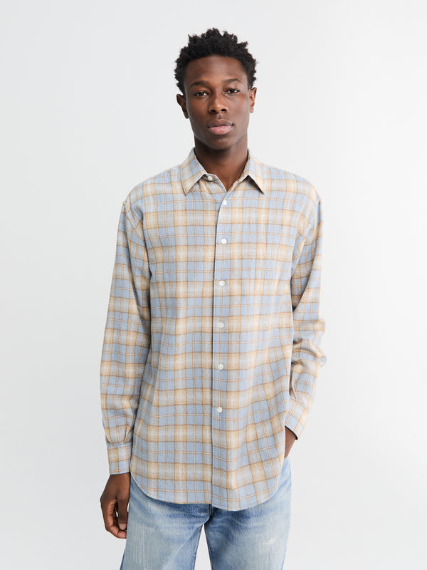 stoy Airy Wool Check Shirt in Light Blue and Beige