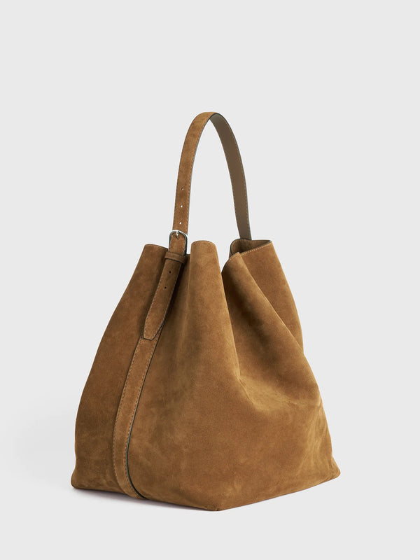 stoy Belted Suede Tote Bag in Tan