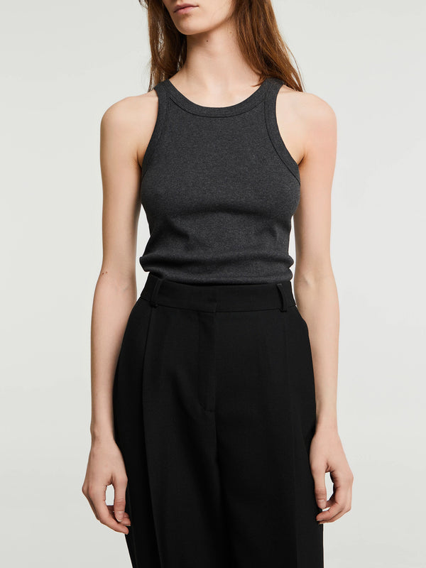 Stoy Curved Ribbed Tank Top In Charcoal Melange