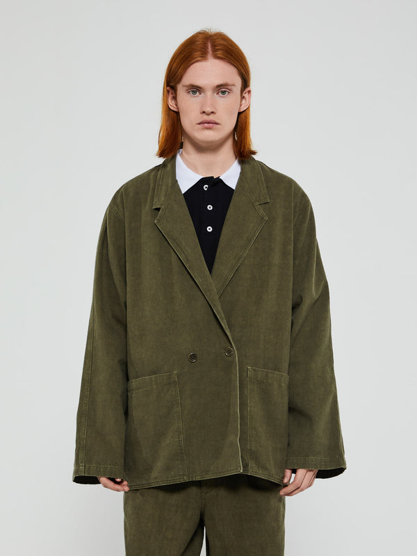 Stoy Double Breasted Cotton Jacket In Dark Olive