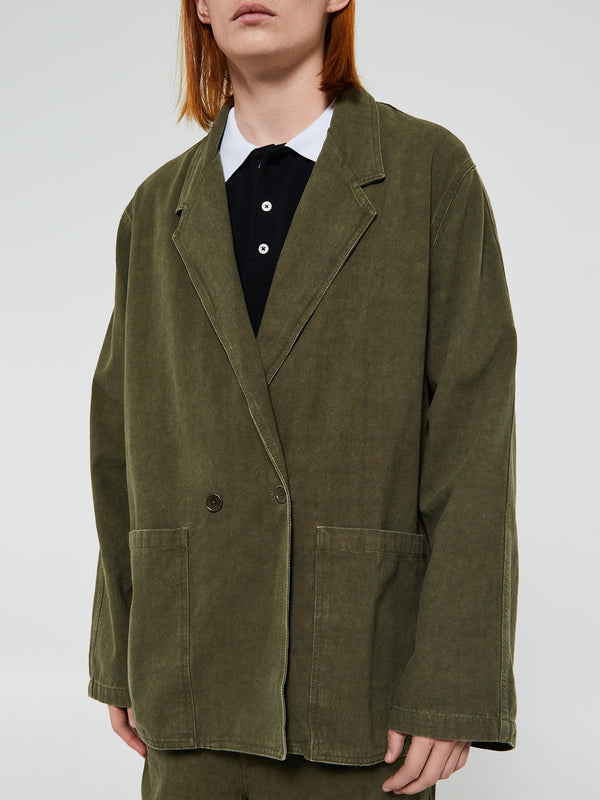 stoy Double Breasted Cotton Jacket in Dark Olive