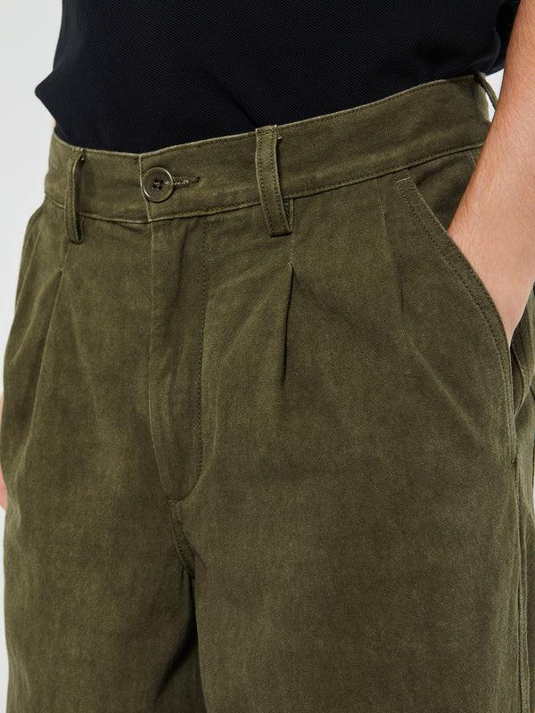 Stoy Double Pleated Cotton Pants In Dark Olive