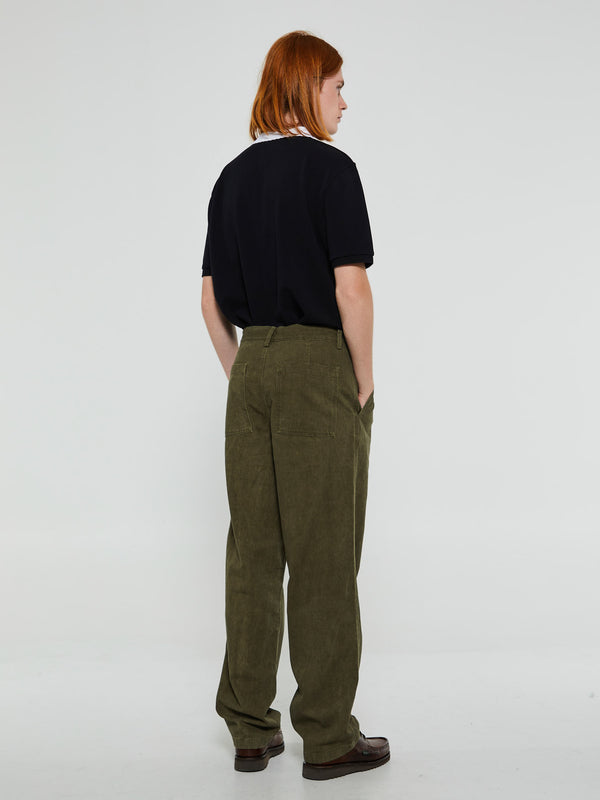 Stoy Double Pleated Cotton Pants In Dark Olive