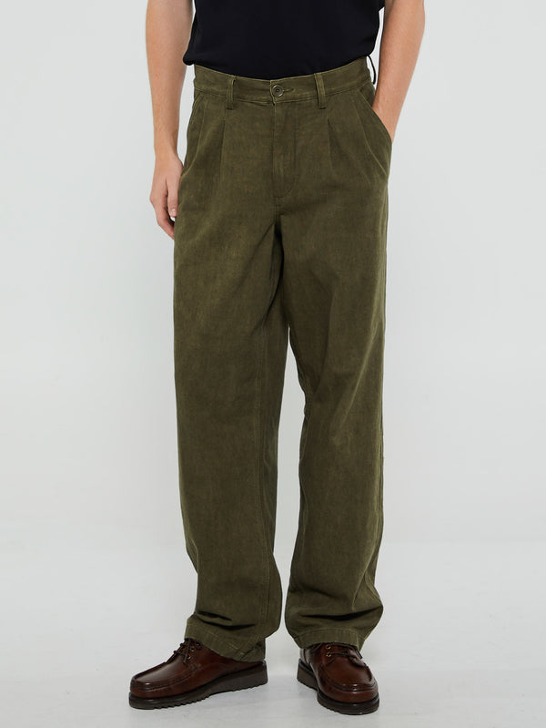 stoy Double Pleated Cotton Pants in Dark Olive