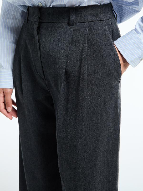 Stoy Double Pleated Wide Slacks In Charcoal Grey