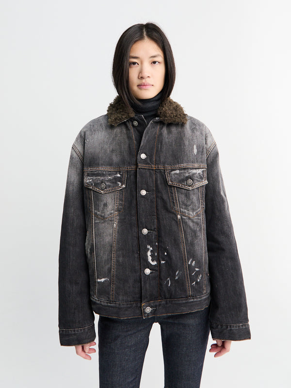 stoy Faux Fur Trimmed Denim Jacket in Black