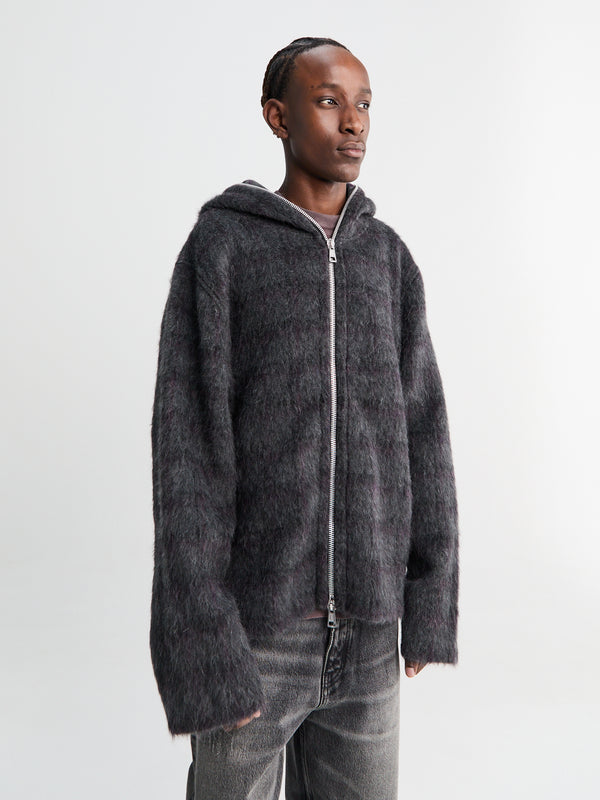 Stoy Full Zip Hood In Fuzzed Plum Check Hairy Wool