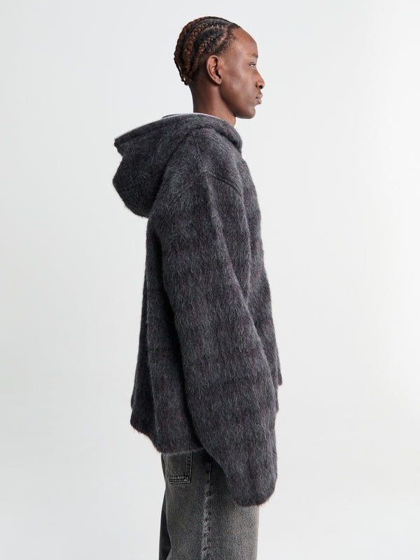 Stoy Full Zip Hood In Fuzzed Plum Check Hairy Wool