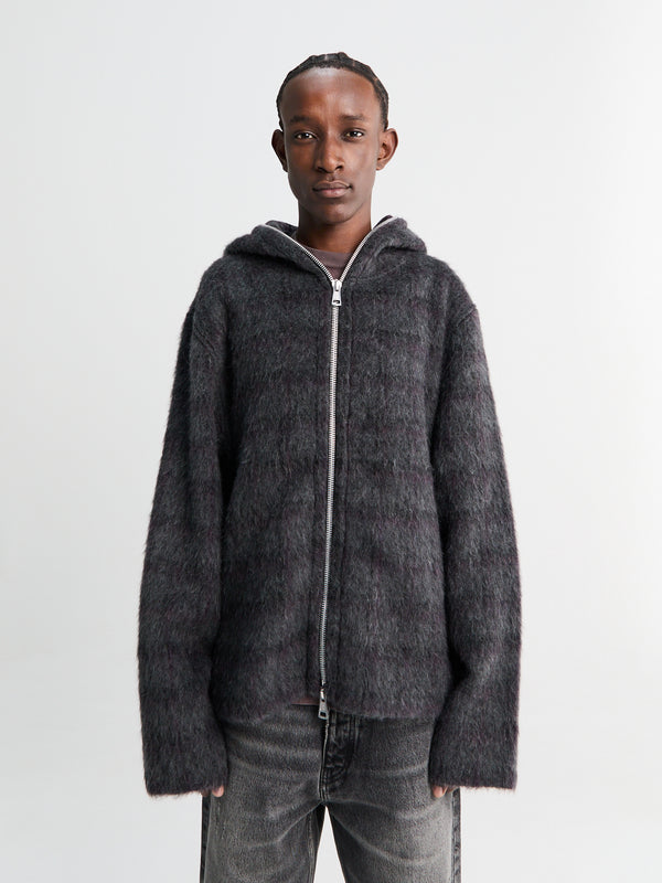 stoy Full Zip Hood in Fuzzed Plum Check Hairy Wool