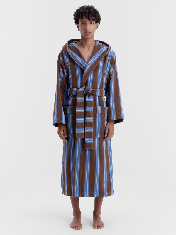 Stoy Hooded Bathrobe In Chestnut Stripes