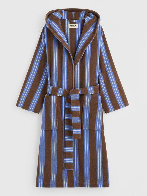stoy Hooded Bathrobe in Chestnut Stripes