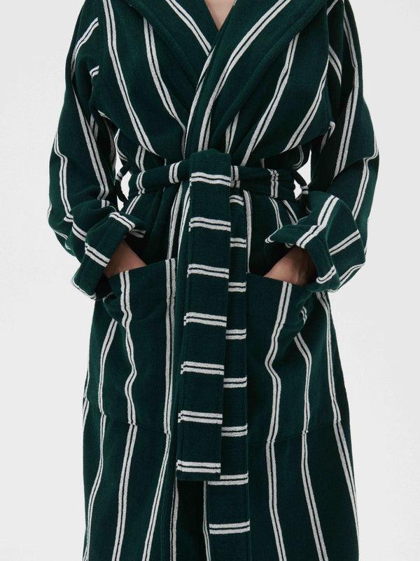 Stoy Hooded Bathrobe In Forest Green Stripes