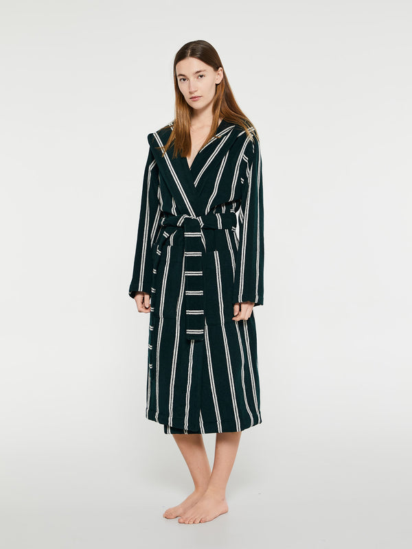 Stoy Hooded Bathrobe In Forest Green Stripes