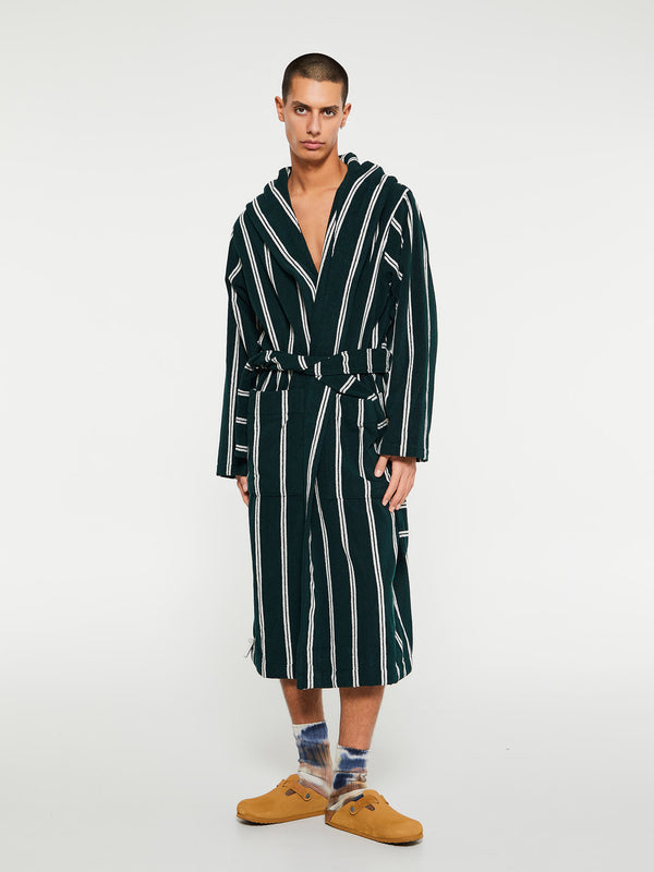 Stoy Hooded Bathrobe In Forest Green Stripes