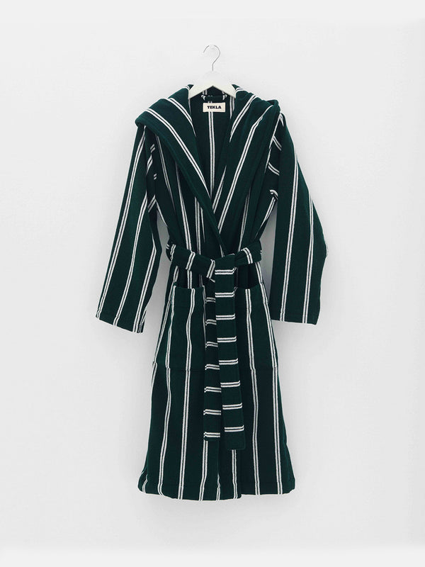 stoy Hooded Bathrobe in Forest Green Stripes
