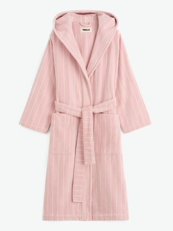 stoy Hooded Bathrobe in Shaded Pink Stripes