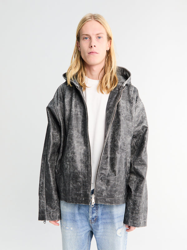 stoy Hooded Leather Jacket in Black