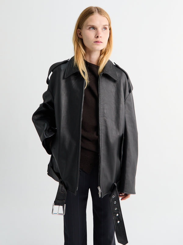 stoy Leather Biker Jacket in Black