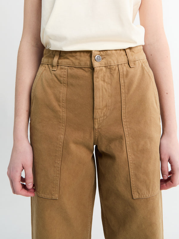 Stoy Leather Logo Cotton Trousers In Brown