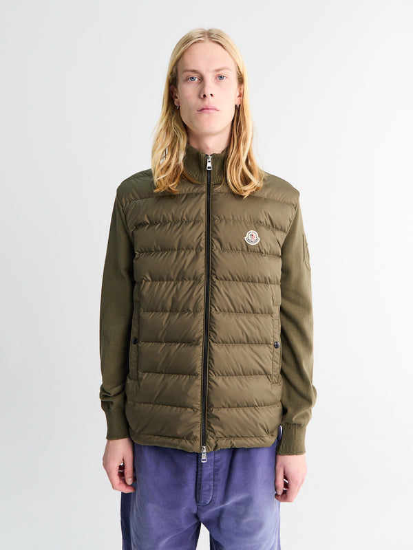stoy Padded Zip-Up Cotton Cardigan in Olive Green