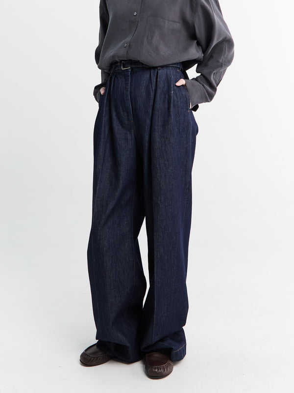 stoy Pleated Denim Wide-Leg Pants in Indigo