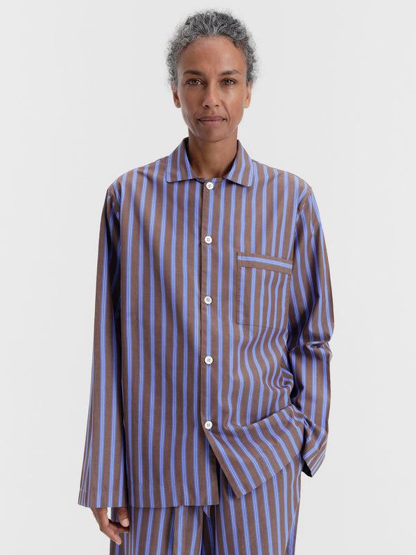 Stoy Poplin Pyjamas Long Shirt In Chestnut Stripes