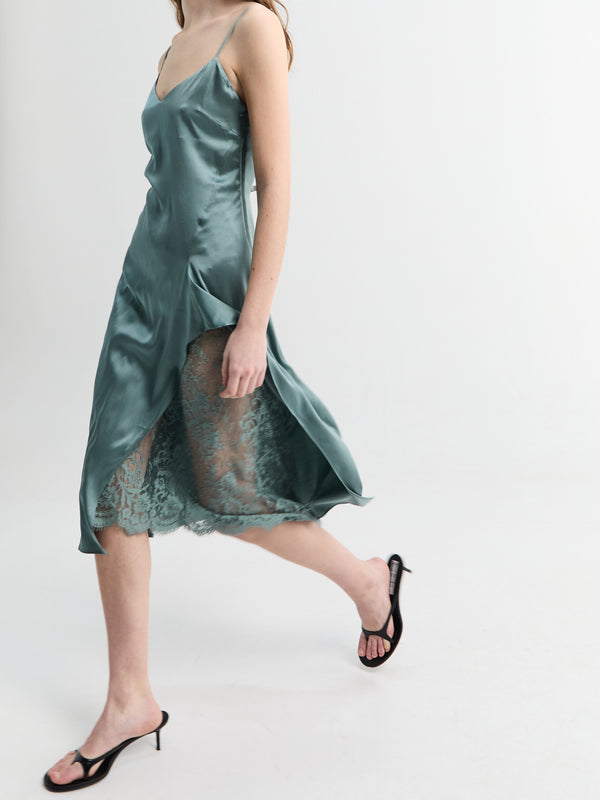 Stoy Satin Slip Dress In Vintage Green