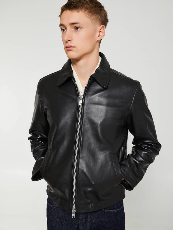 stoy Short Leather Jacket in Black Shine