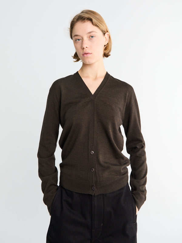 Stoy Twisted V Neck Cardigan In Dark Cacao